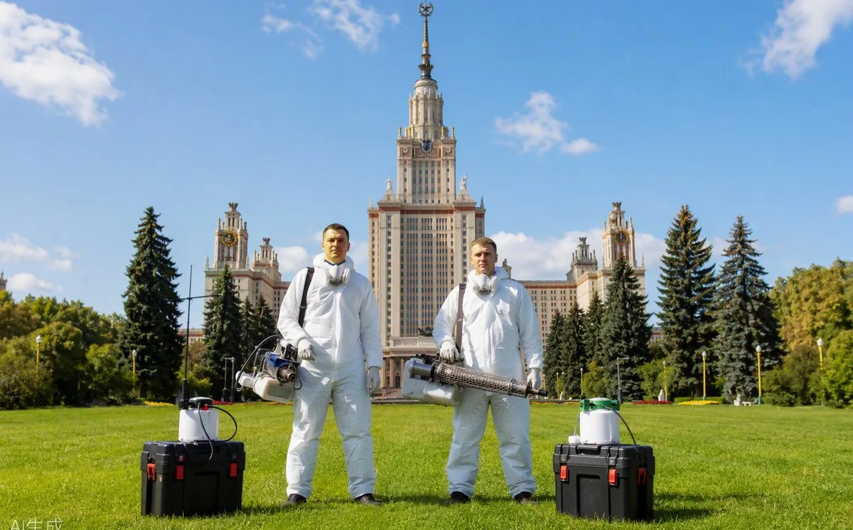 Дезинфекторы «Дезотеки» с профессиональным оборудованием у главного здания МГУ